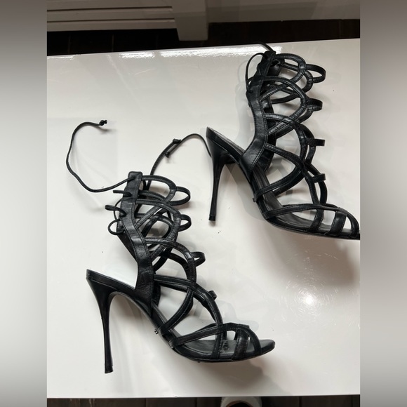 SCHUTZ: Black Leather Strappy Sandal With Lace-Up Closing Size 7 - Picture 2 of 10